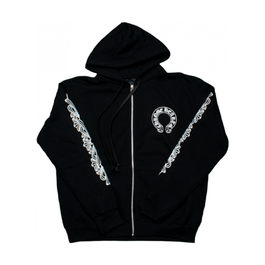 Chrome Hearts Horseshoe Floral Cross-Sleeve Zip Up Hoodie 'Black/White'